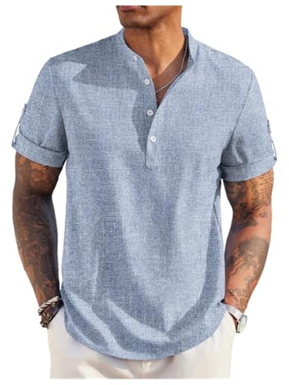 Mens Short Sleeve Henley Linen Shirt Summer Beach Casual Band Collar Button